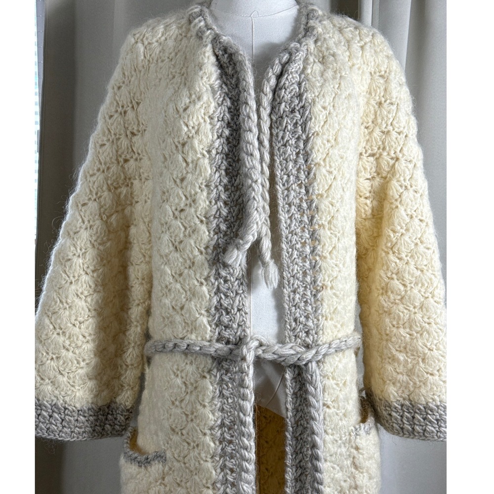 Vintage Made Italy Wool Blend Chunky Knit Maxi Cardigan Sweater Coat M